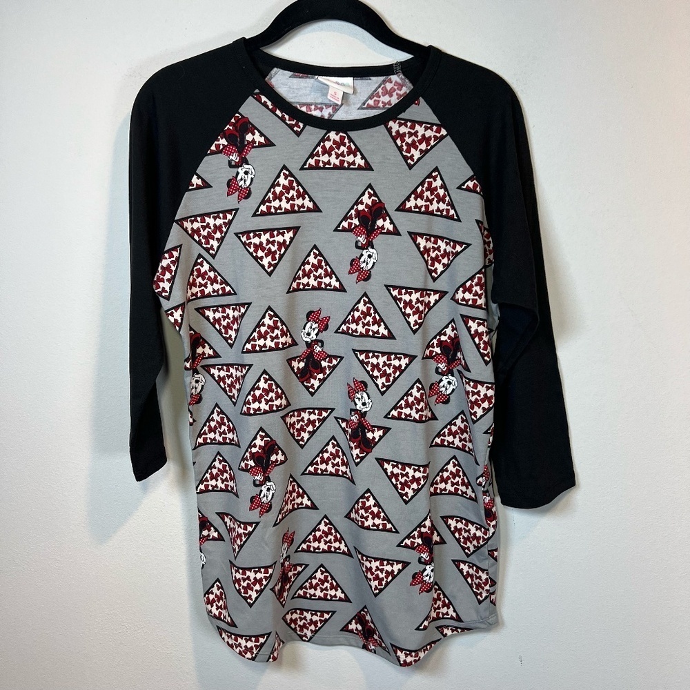 LuLaRoe Disney Randy Baseball Tee Shirt  Minnie Mouse Bows Gray Black Red  Small